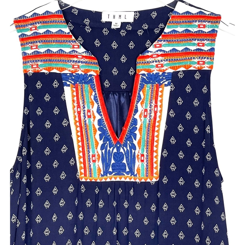 Anthropology THML Embroidered Boho Mini Dress Womens Medium Navy Blue Sleeveless - Picture 4 of 13